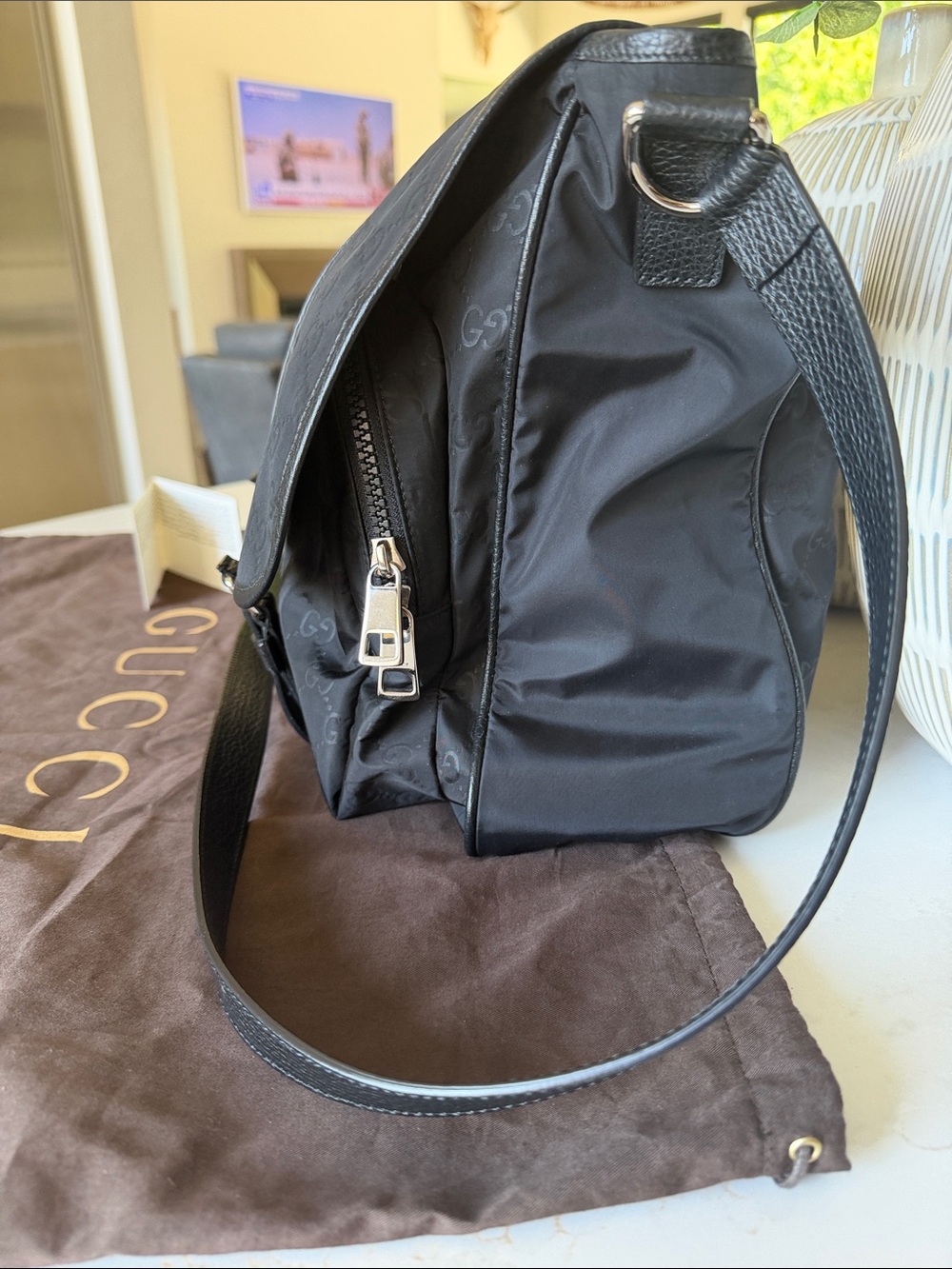 Gucci Black GG Nylon Messenger Bag with Leather Trim - Picture 6 of 13